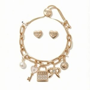 GUESS Juego de Pulsera de Dijes y Aretes de Corazón con Cristales