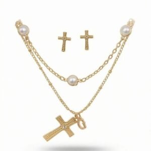 GUESS Juego de Collar de Dos Capas y Aretes de Cruz con Perlas