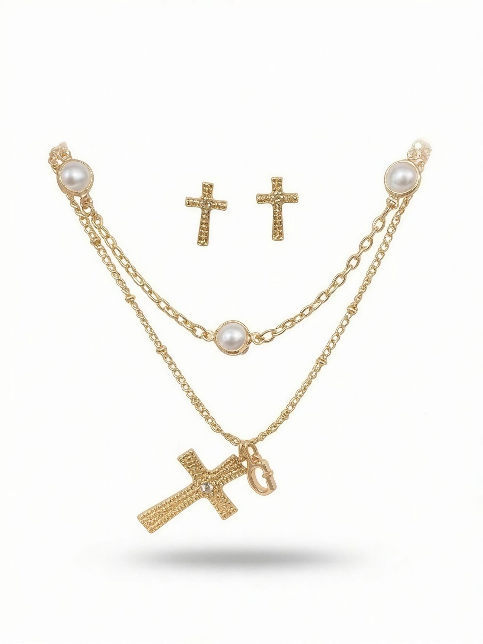 GUESS Juego de Collar de Dos Capas y Aretes de Cruz con Perlas GUESS Juego de Collar de Dos Capas y Aretes de Cruz con Perlas