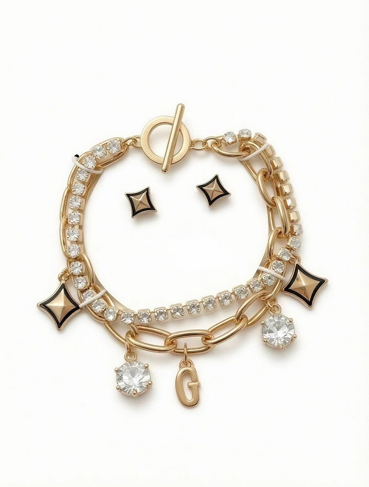 GUESS Juego de Pulsera Multicapa con Cristales y Aretes de Rombo GUESS Juego de Pulsera Multicapa con Cristales y Aretes de Rombo